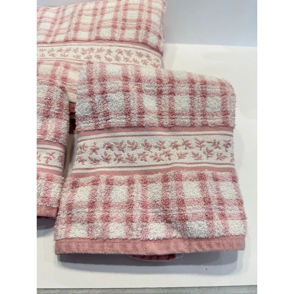 VTG Laura Ashley Pink Hand Towels Embroidered Checkered Striped Set of 3